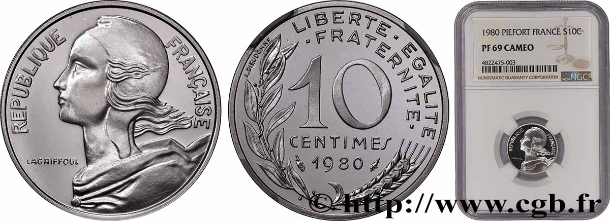 Piéfort Argent de 10 centimes Marianne 1980 Pessac GEM.46 P2 MS69 NGC