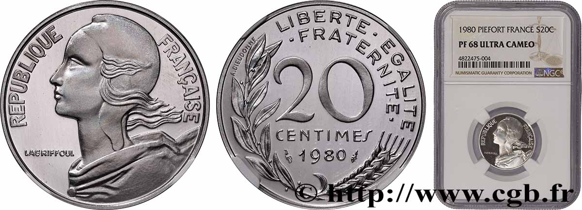 Piéfort Argent de 20 centimes Marianne 1980 Pessac GEM.56 P2 FDC68 NGC