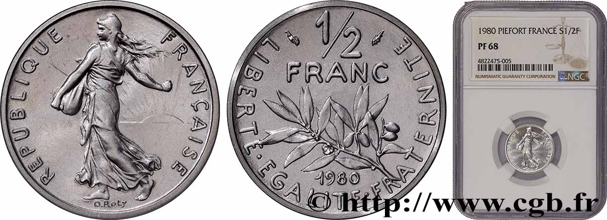 Piéfort Argent de 1/2 franc Semeuse 1980 Pessac GEM.91 P2 FDC68 NGC