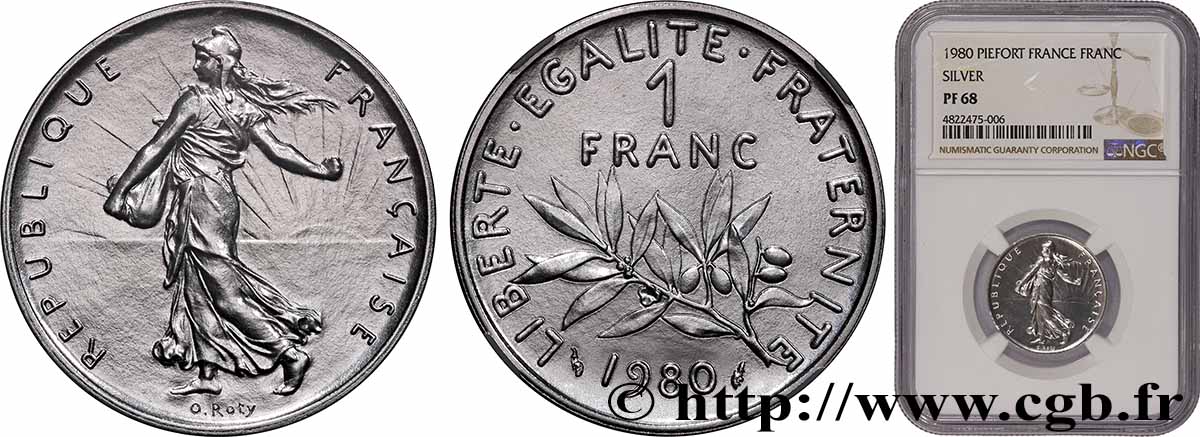 Piéfort Argent de 1 franc Semeuse 1980 Pessac GEM.104 P2 FDC68 NGC