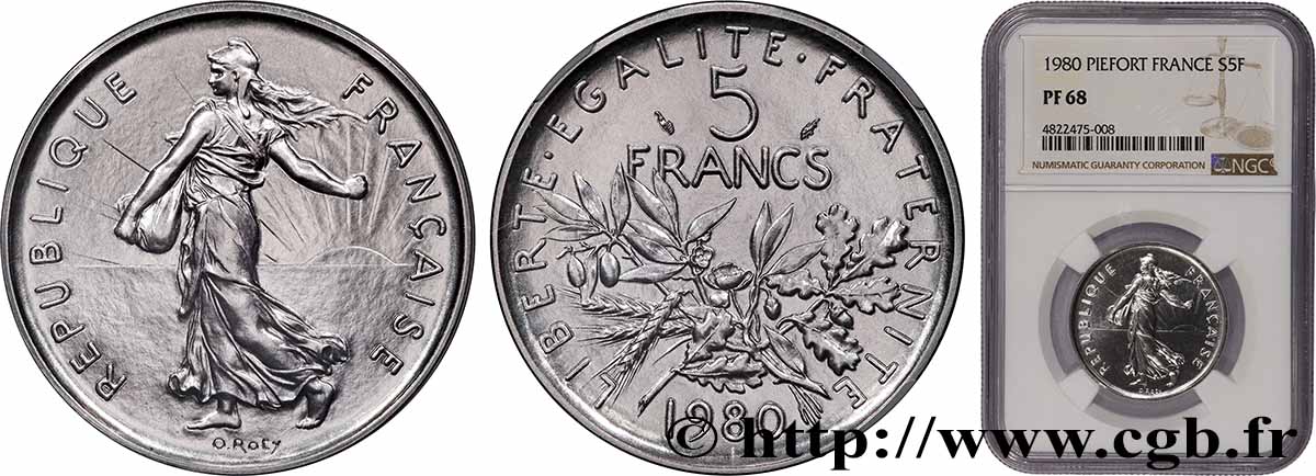 Piéfort Argent de 5 francs Semeuse 1980 Pessac GEM.154 P2 FDC68 NGC