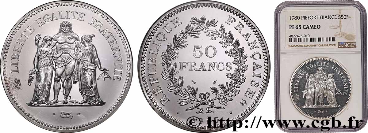 Piéfort Argent de 50 francs Hercule 1980 Pessac GEM.223 P1 MS65 NGC