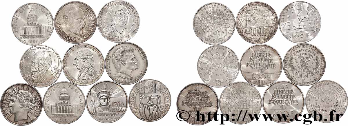 Lot de 10 pièces de 100 francs commémoratives - - F.-/ SS