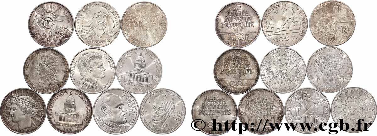 Lot de 10 pièces de 100 francs commémoratives - - F.-/ XF