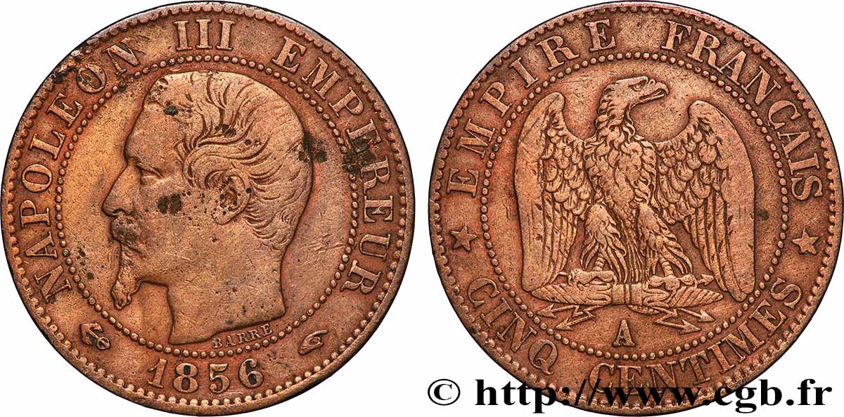 Cinq centimes Napoléon III, tête nue 1856 Paris F.116/30 S