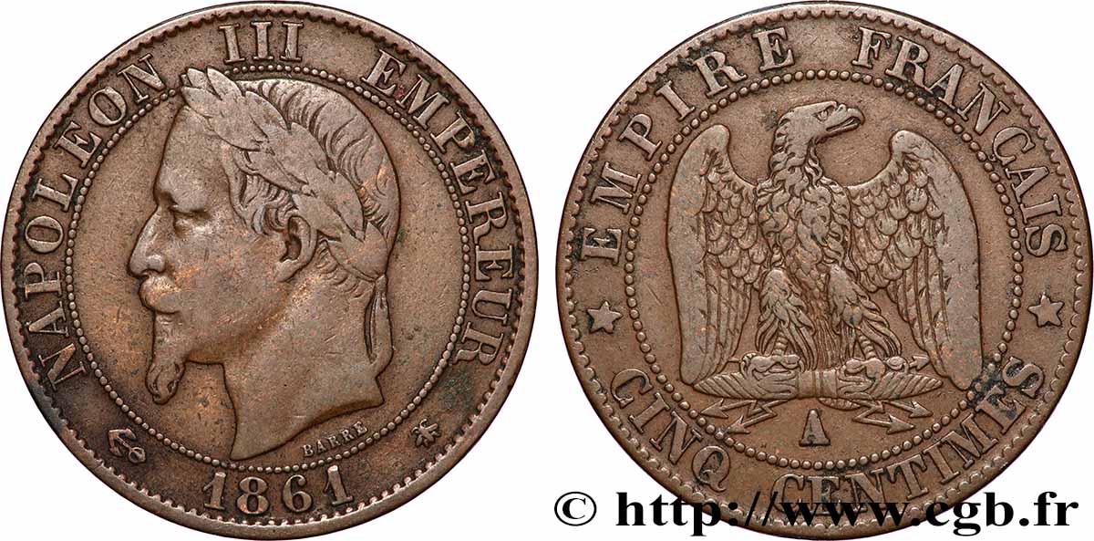 Cinq centimes Napoléon III, tête laurée 1861 Paris F.117/4 BC