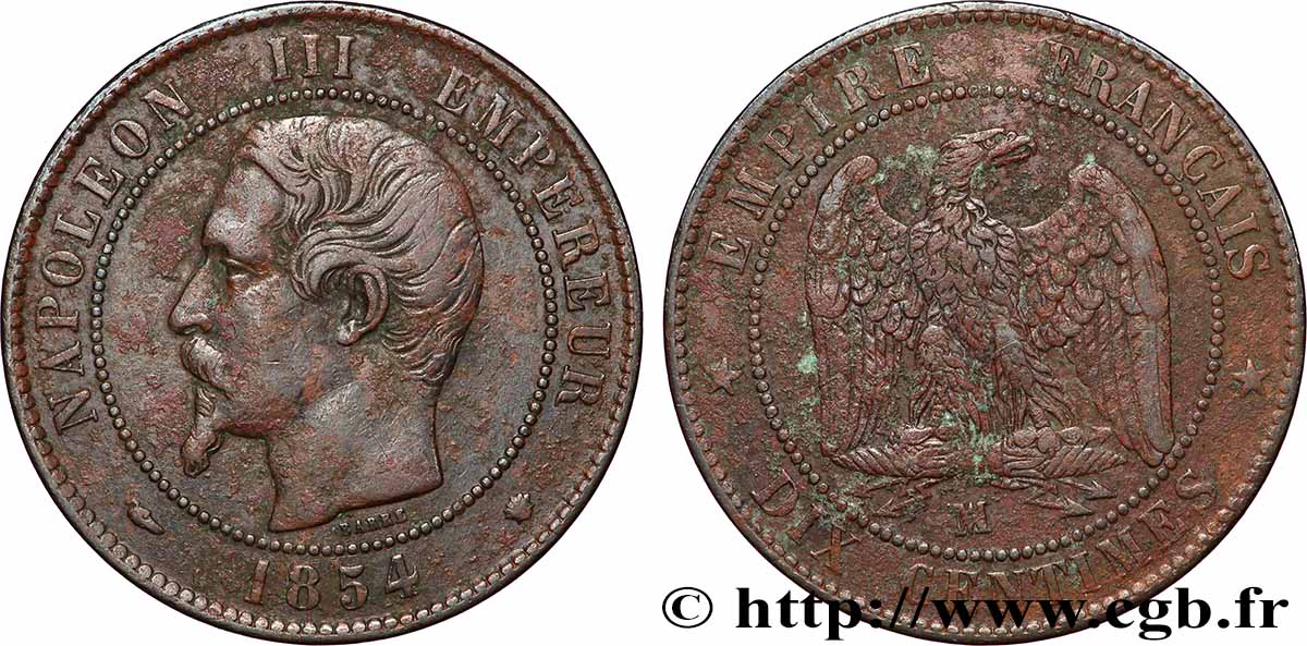 Dix centimes Napoléon III, tête nue 1854 Marseille F.133/17 S
