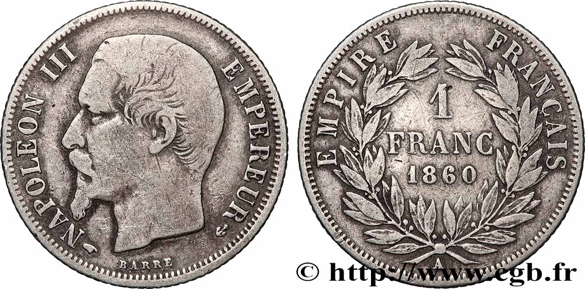 1 franc Napoléon III, tête nue 1860 Paris F.214/14 S