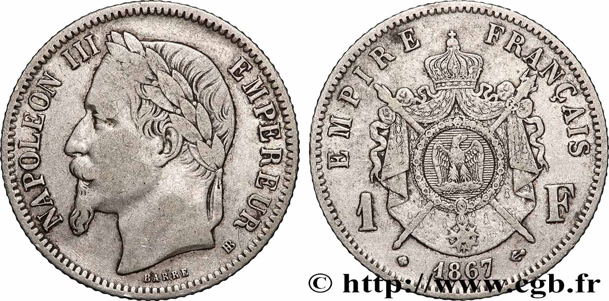 1 franc Napoléon III, tête laurée 1867 Strasbourg F.215/7 S