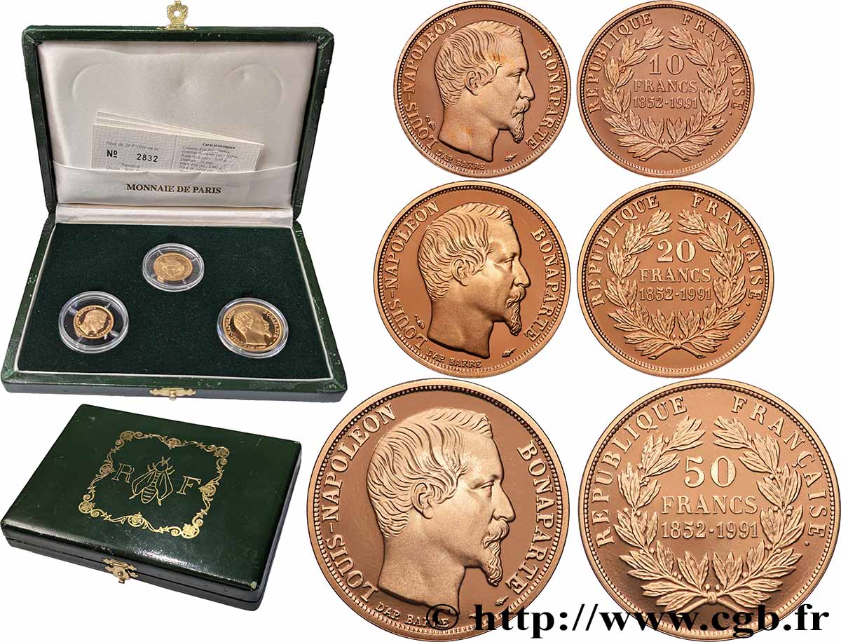 Coffret des trois monnaies Belle Épreuve Or 10, 20 et 50 francs “Napoléon” 1991 F5. FDC