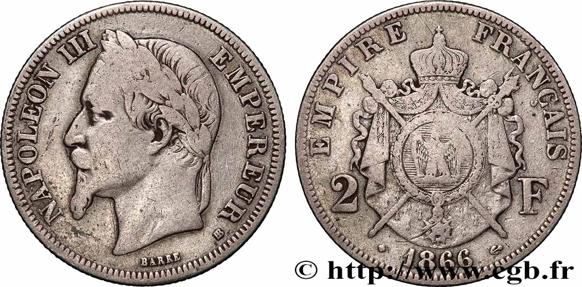 2 francs Napoléon III, tête laurée 1866 Strasbourg F.263/3 MB