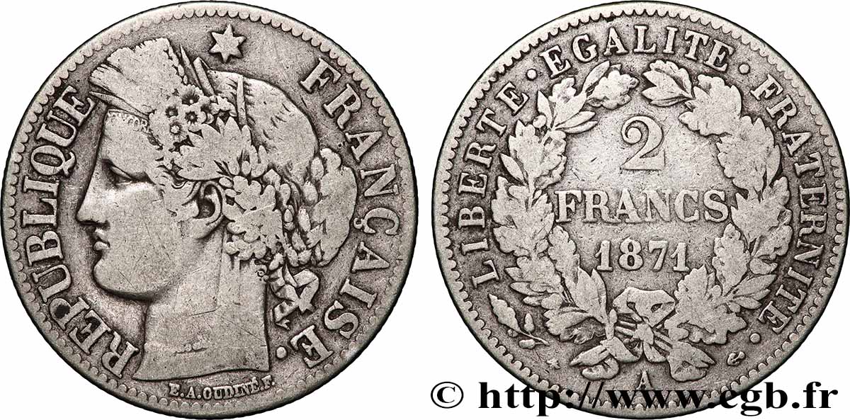 2 francs Cérès, avec légende 1871 Paris F.265/3 MB