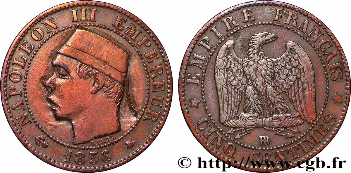 Cinq centimes Napoléon III, tête nue, satirique 1856 Strasbourg F.116/32 var. fSS