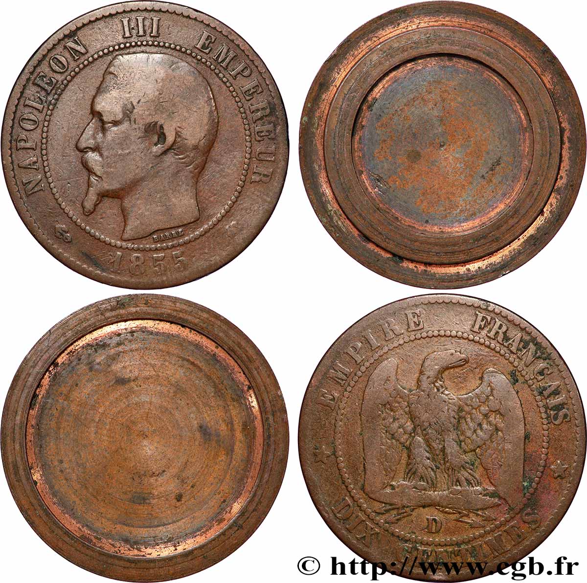 Dix centimes Napoléon III, tête nue, transformée en boîte de forçat 1855 Bordeaux / Nantes F.133/29 var. S
