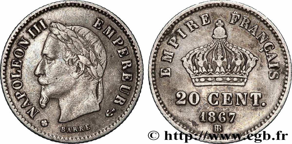 20 centimes Napoléon III, tête laurée, grand module 1867 Strasbourg F.150/2 S