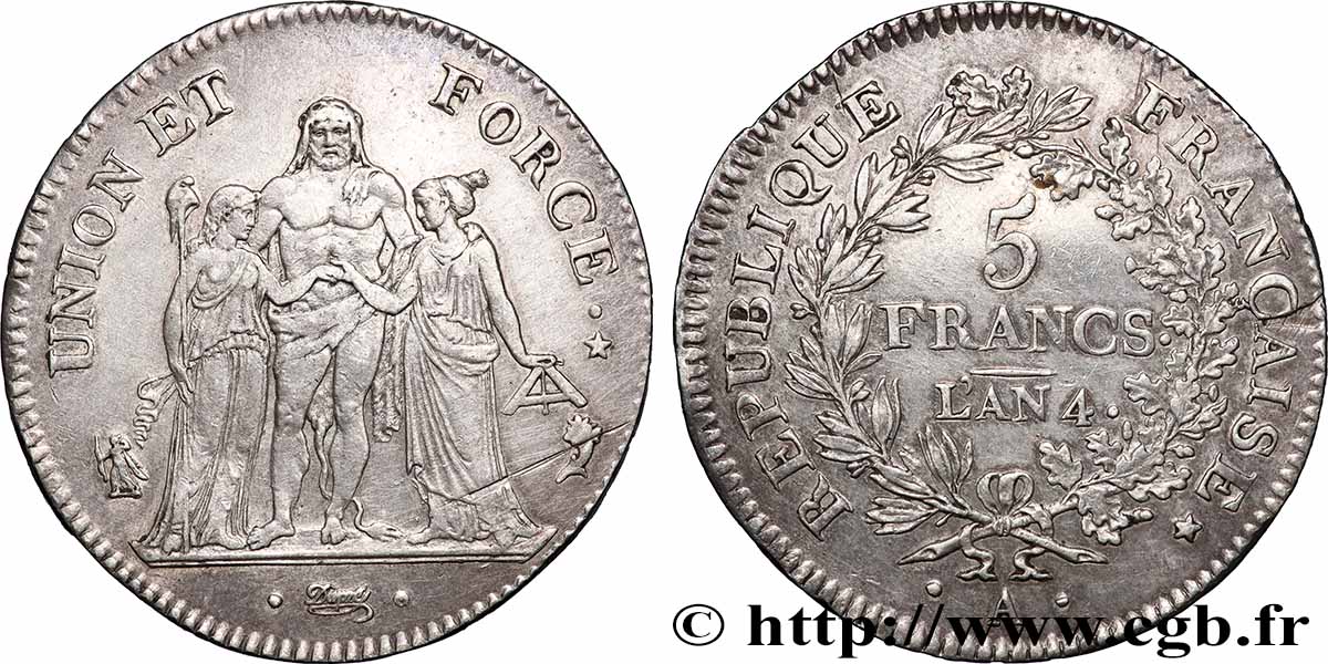 5 francs Union et Force, Union serré, avec glands intérieurs et gland extérieur 1796 Paris F.288/2 TTB+
