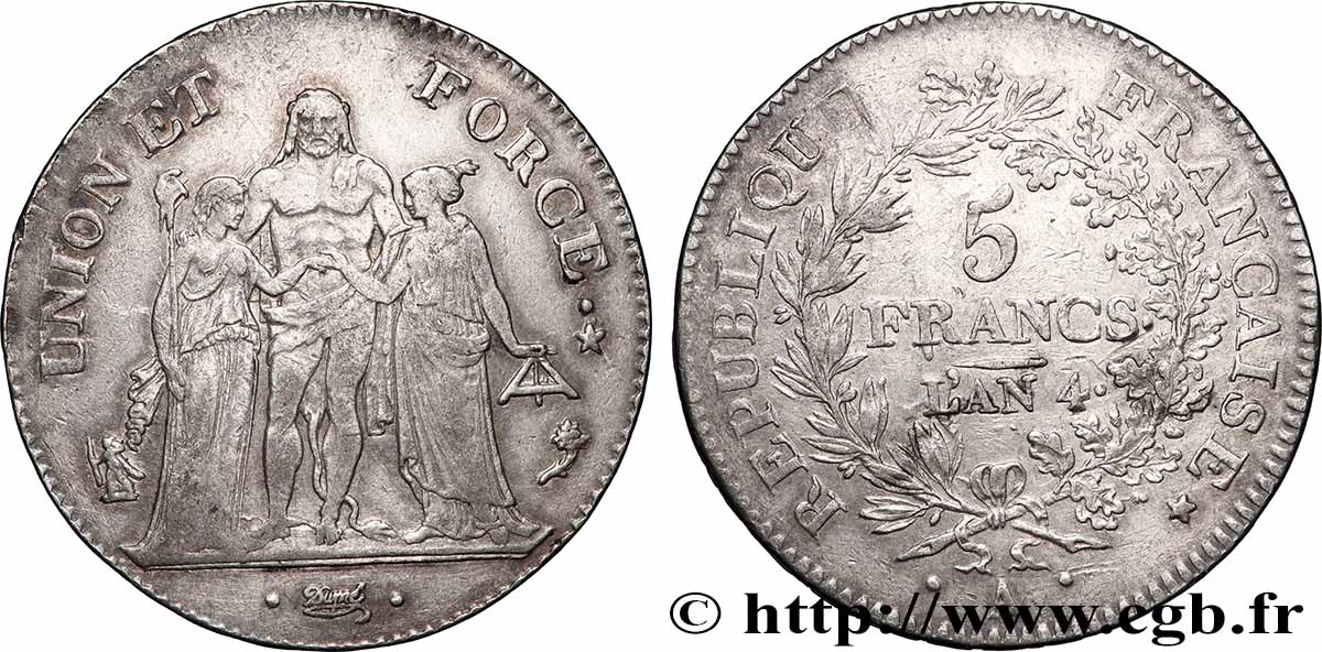 5 francs Union et Force, Union serré, avec glands intérieurs et gland extérieur 1796 Paris F.288/3 TTB