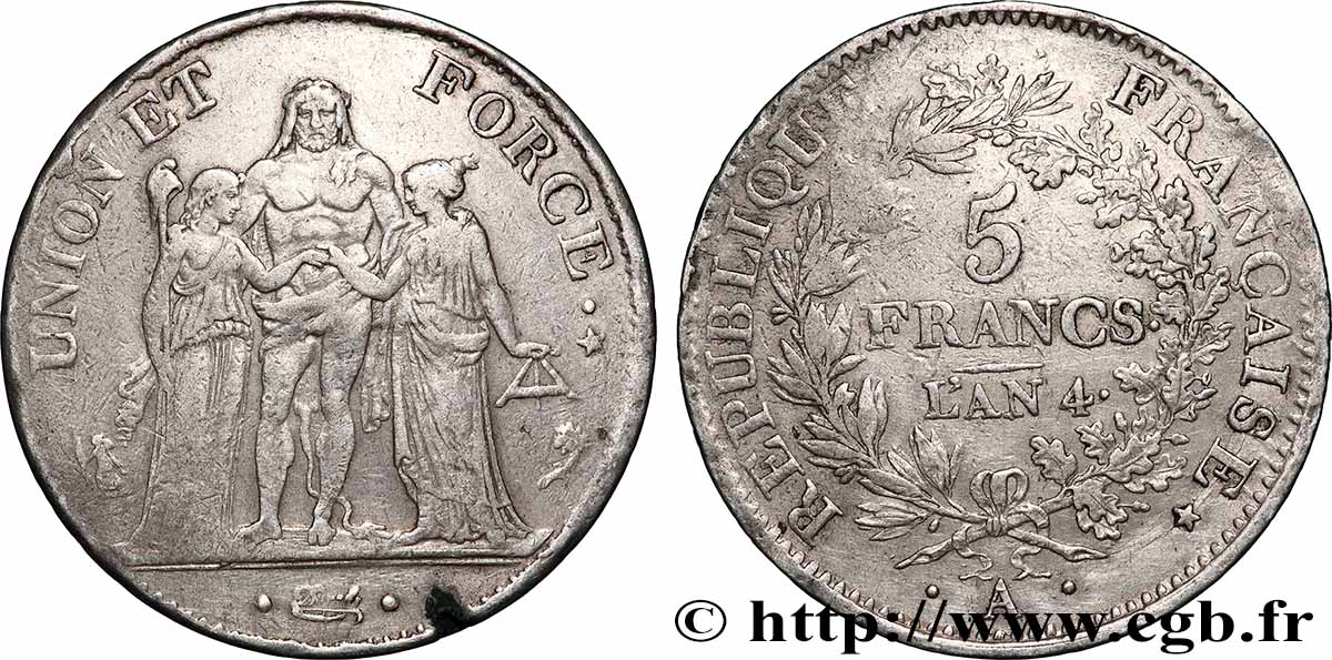 5 francs Union et Force, Union serré, avec glands, listel par virole 1796 Paris F.287/1 TB+