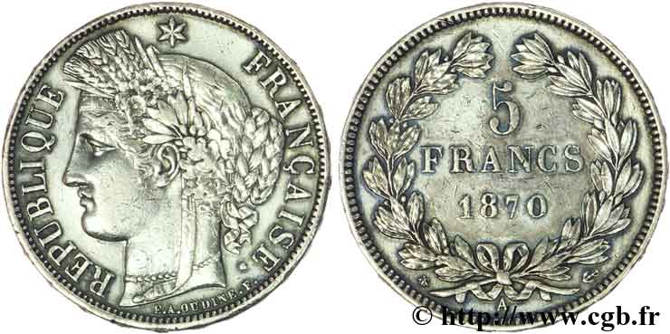 5 francs Cérès, sans légende 1870 Paris F.332/1 TTB53