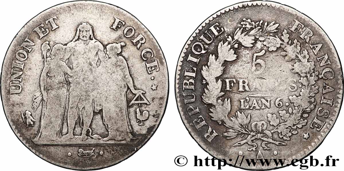 5 francs Union et Force, Union serré, avec glands intérieurs et gland extérieur 1798 Paris F.288/34 B+
