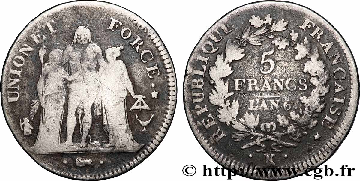 5 francs Union et Force, Union serré, seulement gland extérieur 1798 Bordeaux F.288/56 B