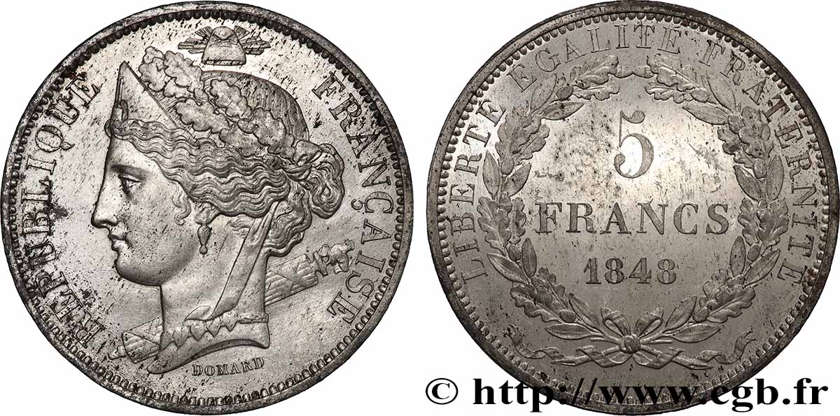 Concours de 5 francs, essai en étain par Domard, troisième revers 1848 Paris VG.3071 var. VZ