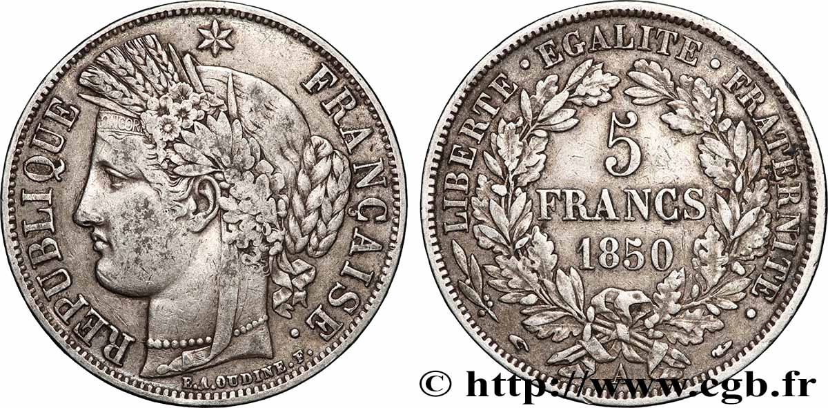 5 francs Cérès, IIe République 1850 Paris F.327/4 q.BB