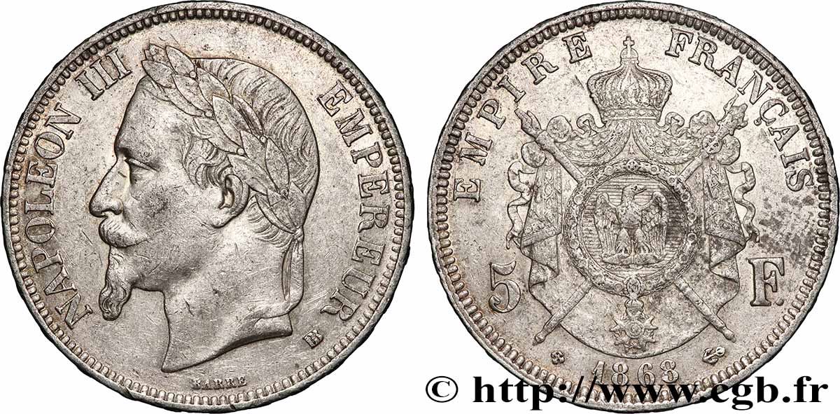5 francs Napoléon III, tête laurée 1868 Strasbourg F.331/13 SS