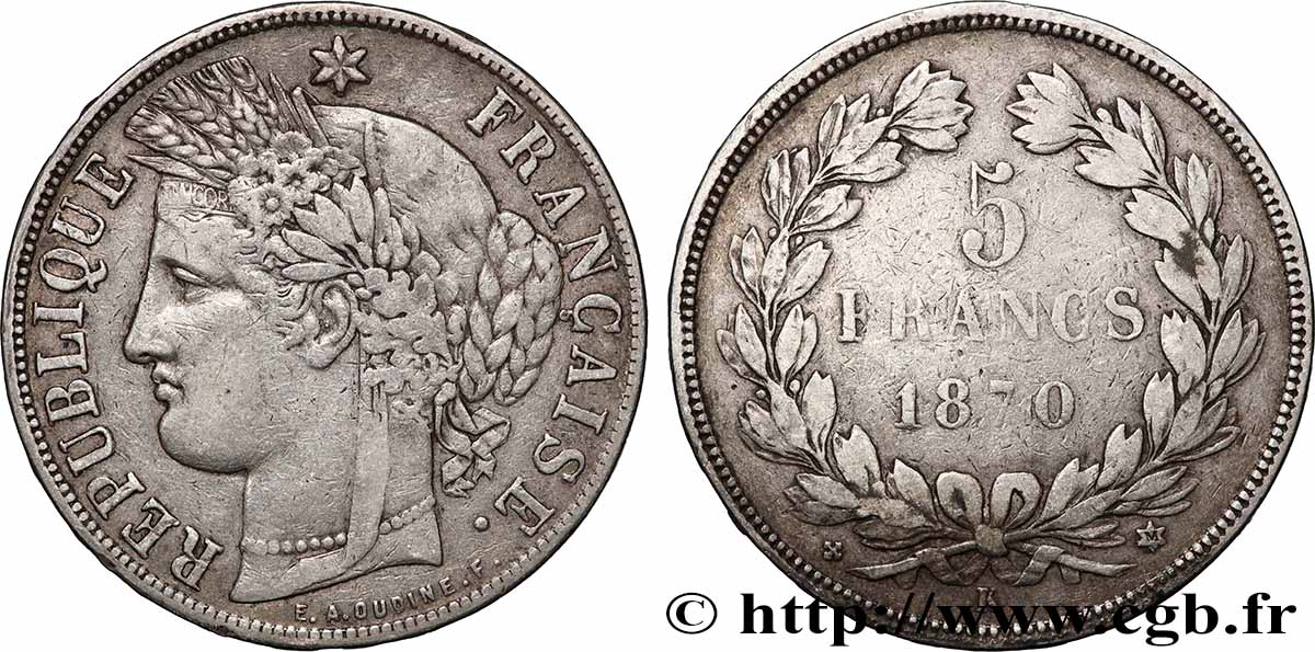 5 francs Cérès, sans légende 1870 Bordeaux F.332/6 TB
