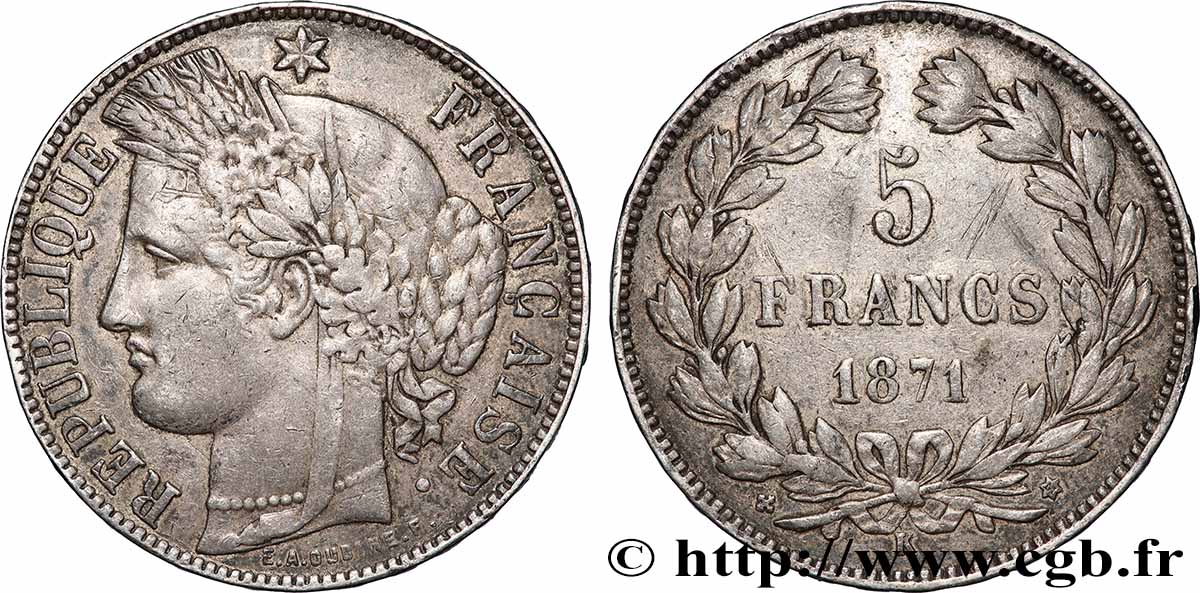5 francs Cérès, sans légende 1871 Bordeaux F.332/8 VF