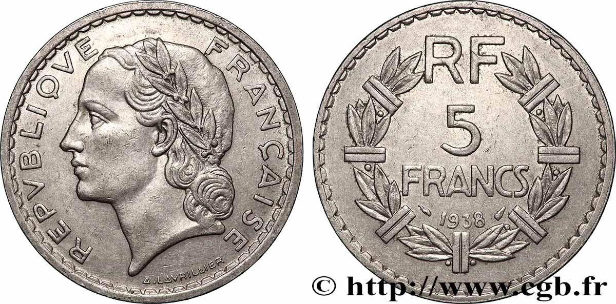 5 francs Lavrillier, nickel 1938 F.336/7 fVZ