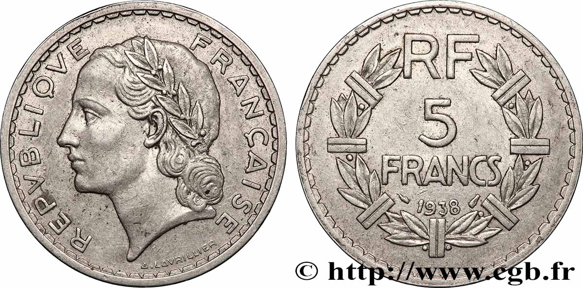 5 francs Lavrillier, nickel 1938 F.336/7 XF
