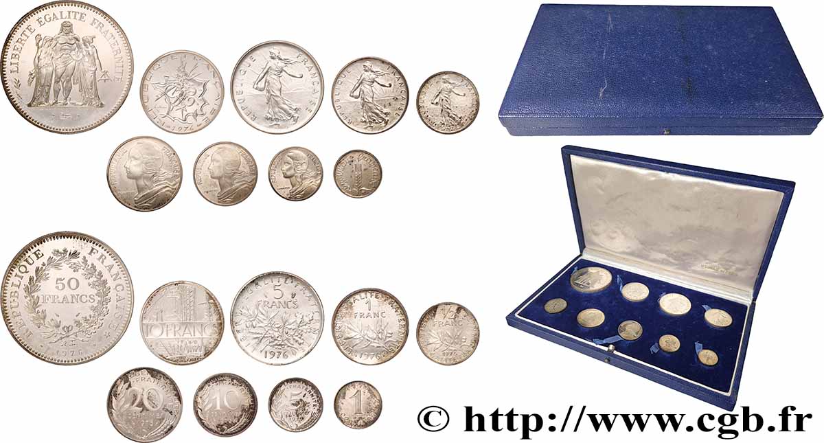 Coffret de 9 piéforts argent : 50, 10, 5, 1 et 1/2 franc et 20, 10, 5 et 1 centime 1976 Pessac GEM.292 CPA8 SUP+/SPL