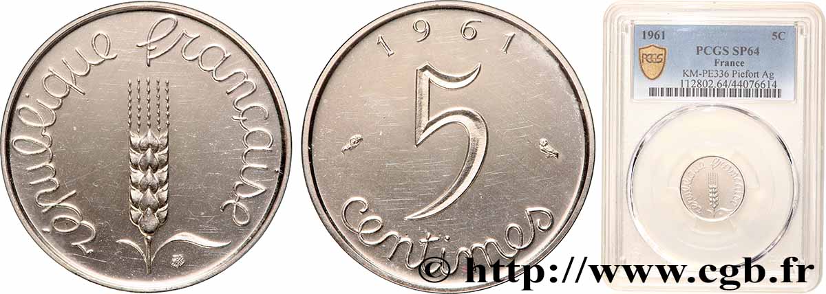 Piéfort Argent de 5 centimes Épi 1961 Paris GEM.21 P2 SPL64 PCGS