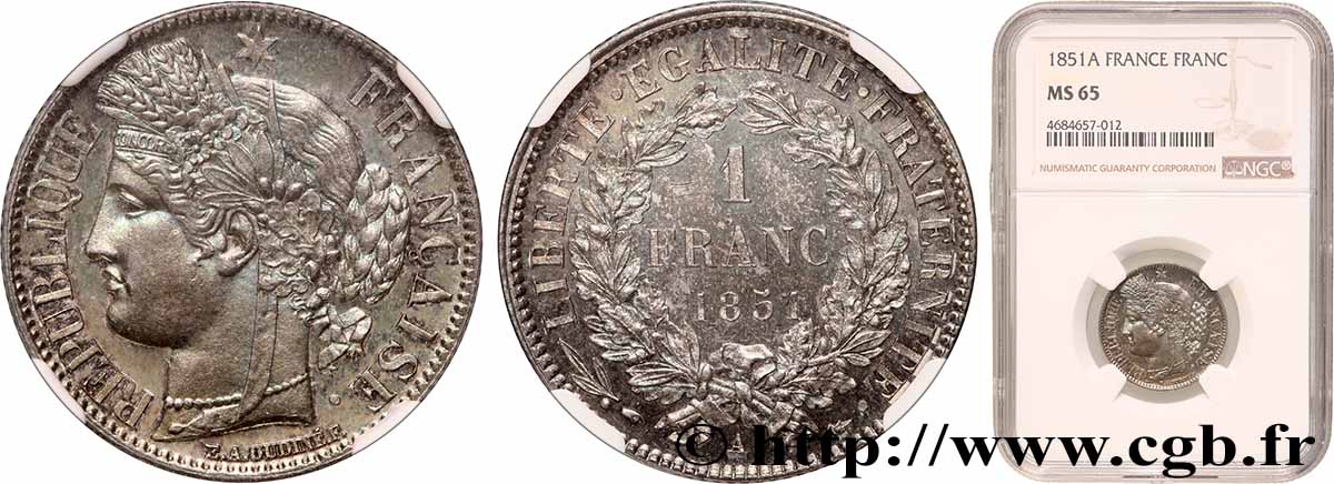 1 franc Cérès, IIe République 1851 Paris F.211/9 FDC65 NGC