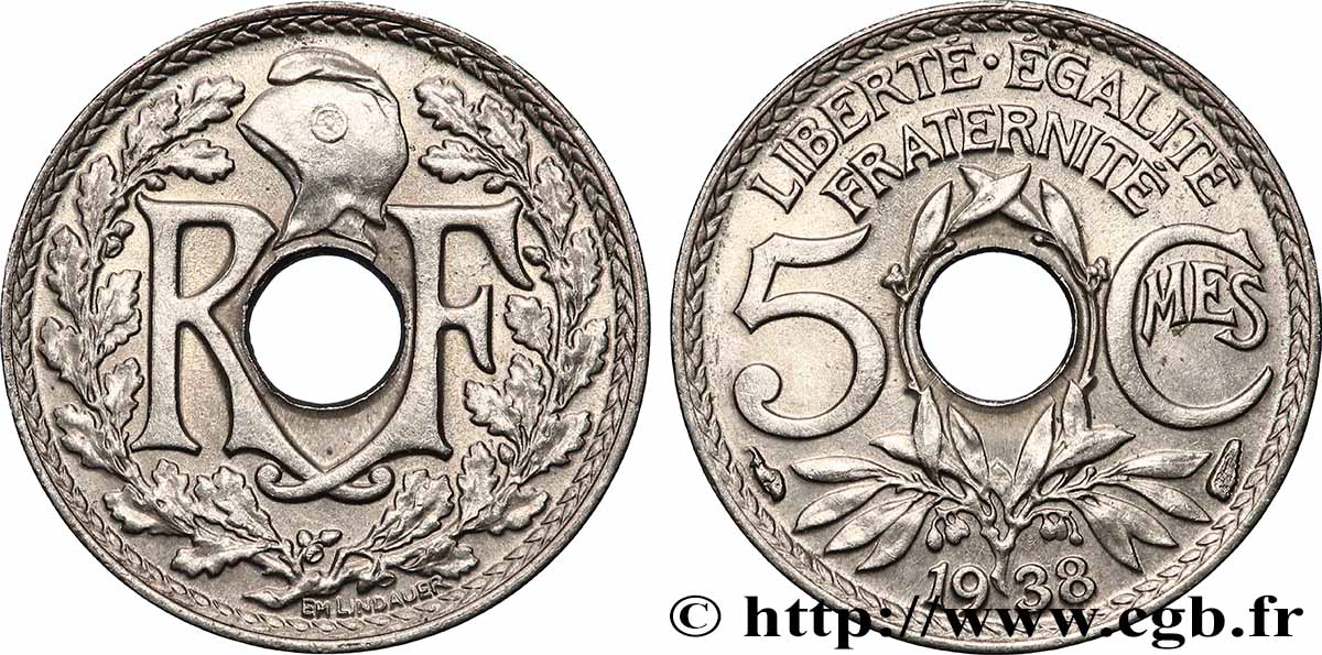 5 centimes Lindauer, petit module 1938 Paris F.122/21 VZ+
