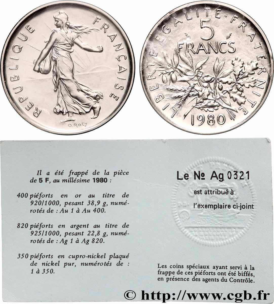 Piéfort Argent de 5 francs Semeuse 1980 Pessac GEM.154 P2 ST65