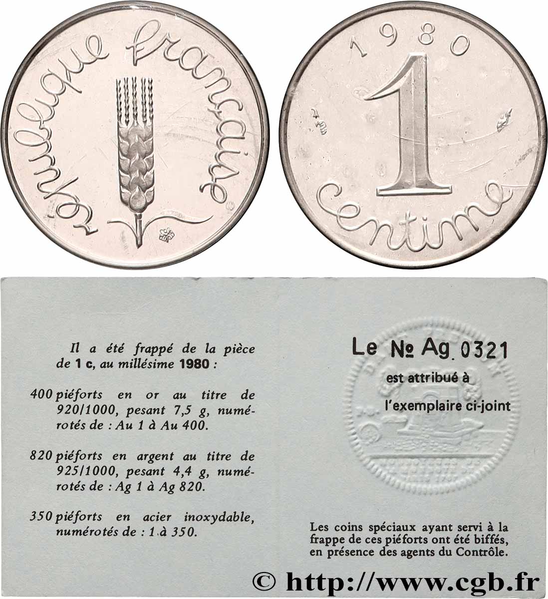 Piéfort argent de 1 centime Épi 1980 Pessac GEM.4 P2 FDC65