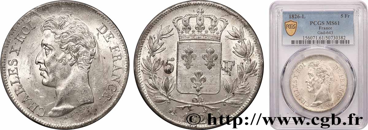 5 francs Charles X, 1er type 1826 Bayonne F.310/22 SUP61 PCGS