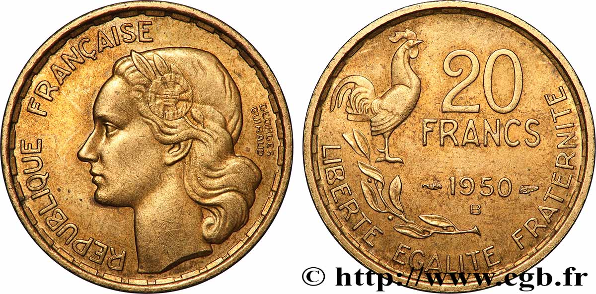 20 francs Georges Guiraud, 4 faucilles 1950 Beaumont-Le-Roger F.401/3 SUP