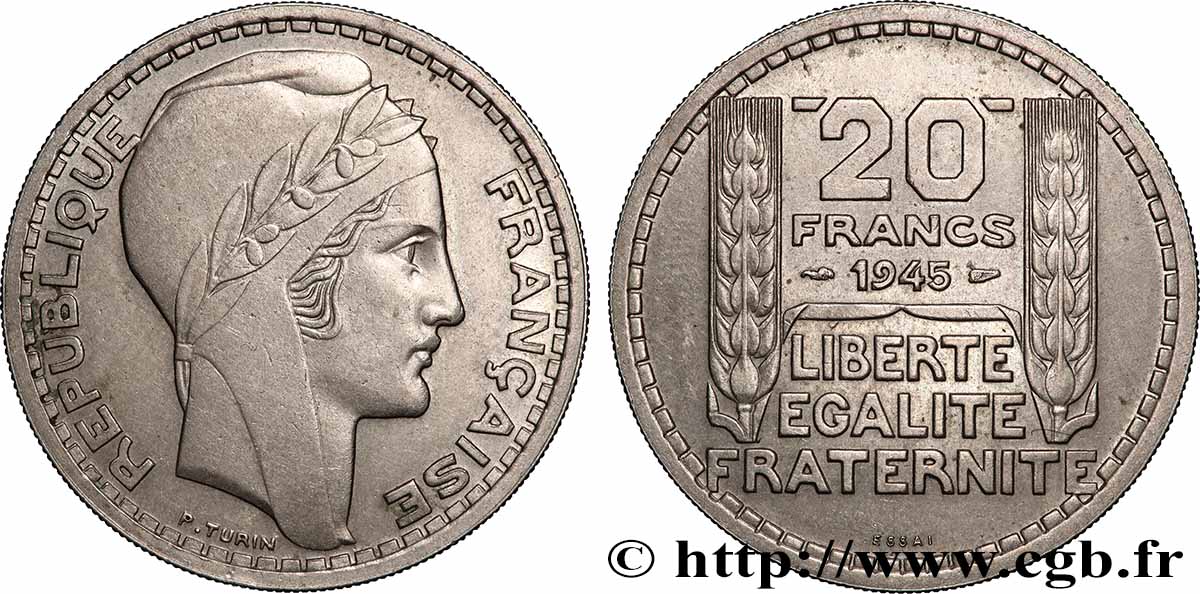 Essai de 20 francs Turin en cupro-nickel 1945 Paris GEM.206 1 SUP+