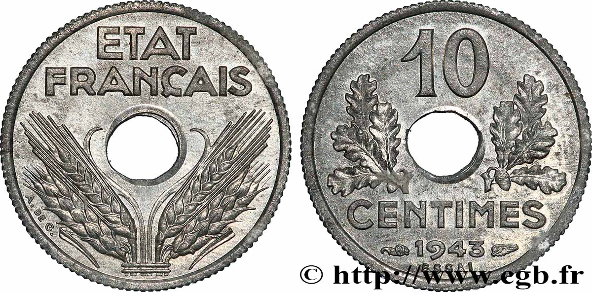 Essai de 10 centimes État français, petit module 1943 Paris F.142/1 MS