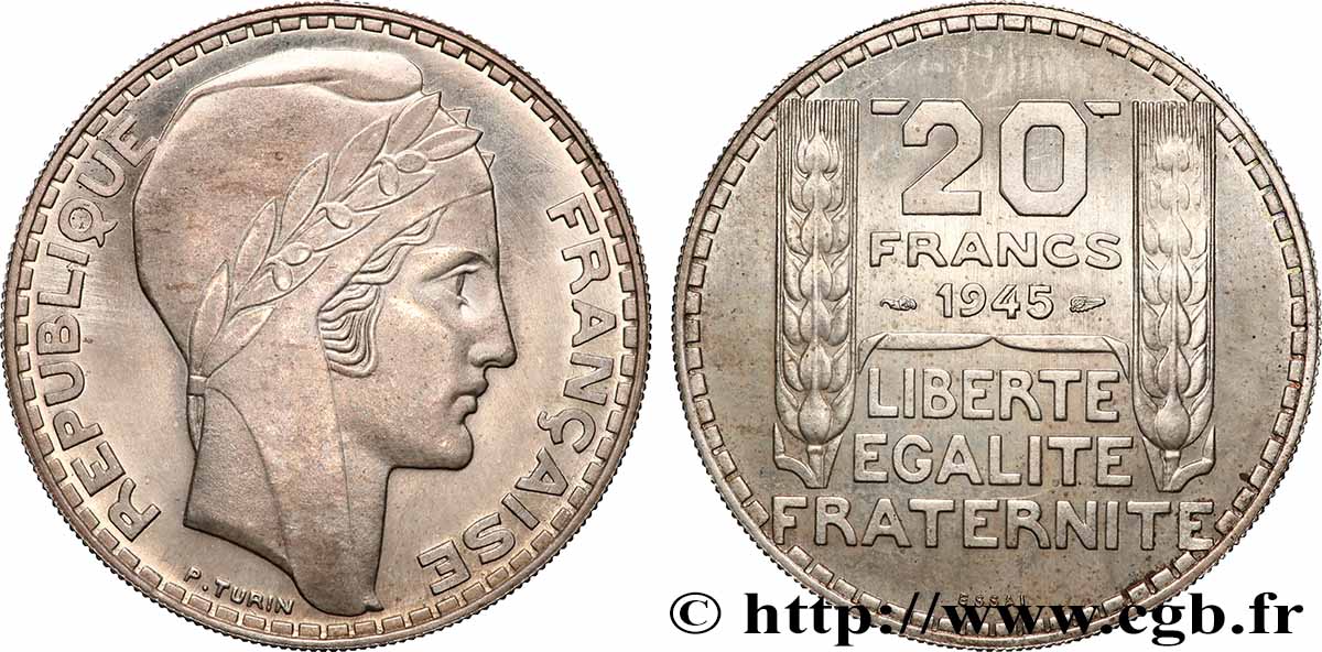 Essai de 20 francs Turin en argent, rameaux courts 1945 GEM.206 3 SPL
