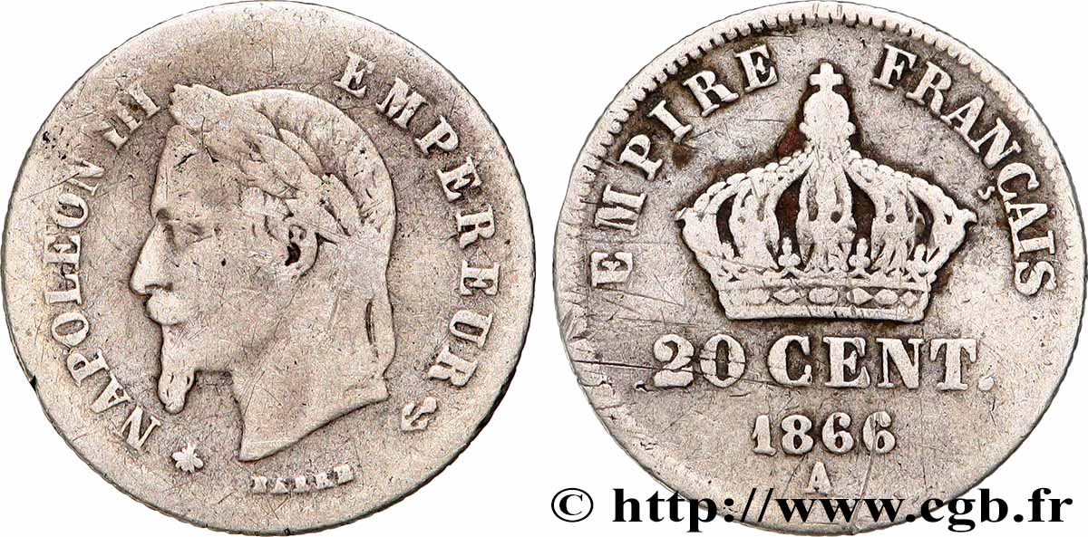20 centimes Napoléon III, tête laurée, petit module 1866 Paris F.149/4 TB