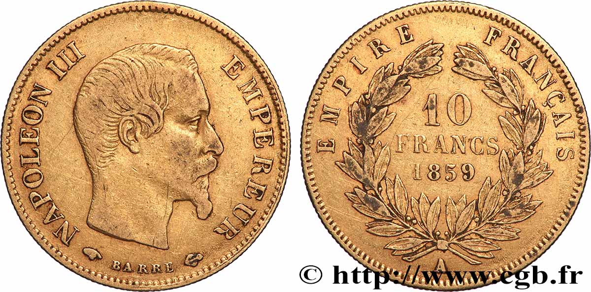 10 francs or Napoléon III, tête nue 1859 Paris F.506/7 TB+
