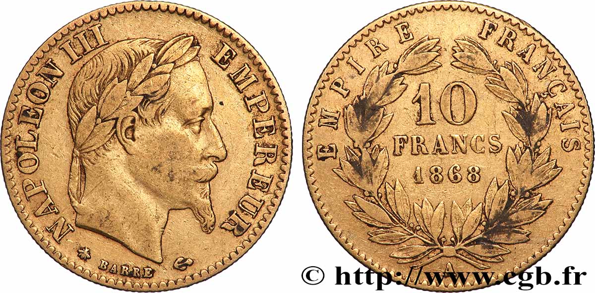 10 francs or Napoléon III, tête laurée 1868 Paris F.507A/17 TB