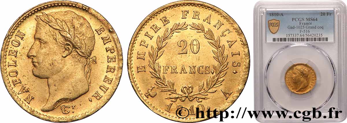 20 francs or Napoléon tête laurée, Empire français 1810 Paris F.516/8 SPL64 PCGS
