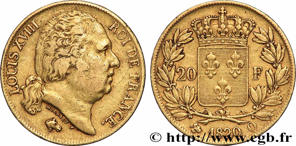 20 francs or Louis XVIII, tête nue 1820 Perpignan F.519/21 TTB