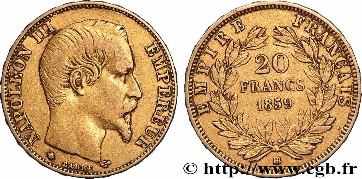 20 francs or Napoléon III, tête nue 1859 Strasbourg F.531/16 TB+