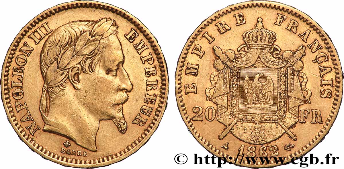 20 francs or Napoléon III, tête laurée 1862 Paris F.532/3 TTB